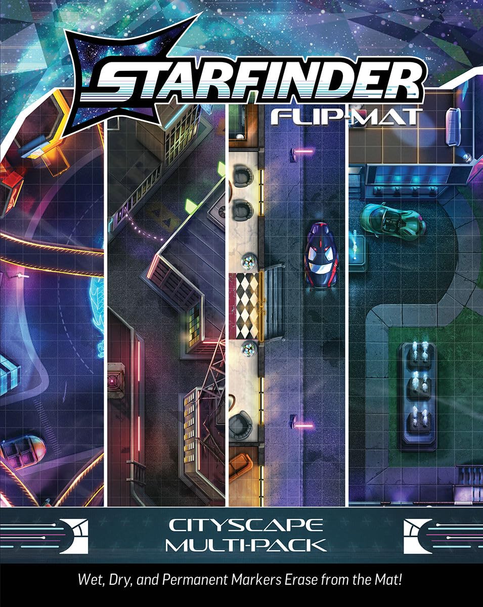 Paizo Starfinder Flip-Mat Cityscape Multi-Pack cover showing futuristic districts for RPG mapping and urban campaigns.