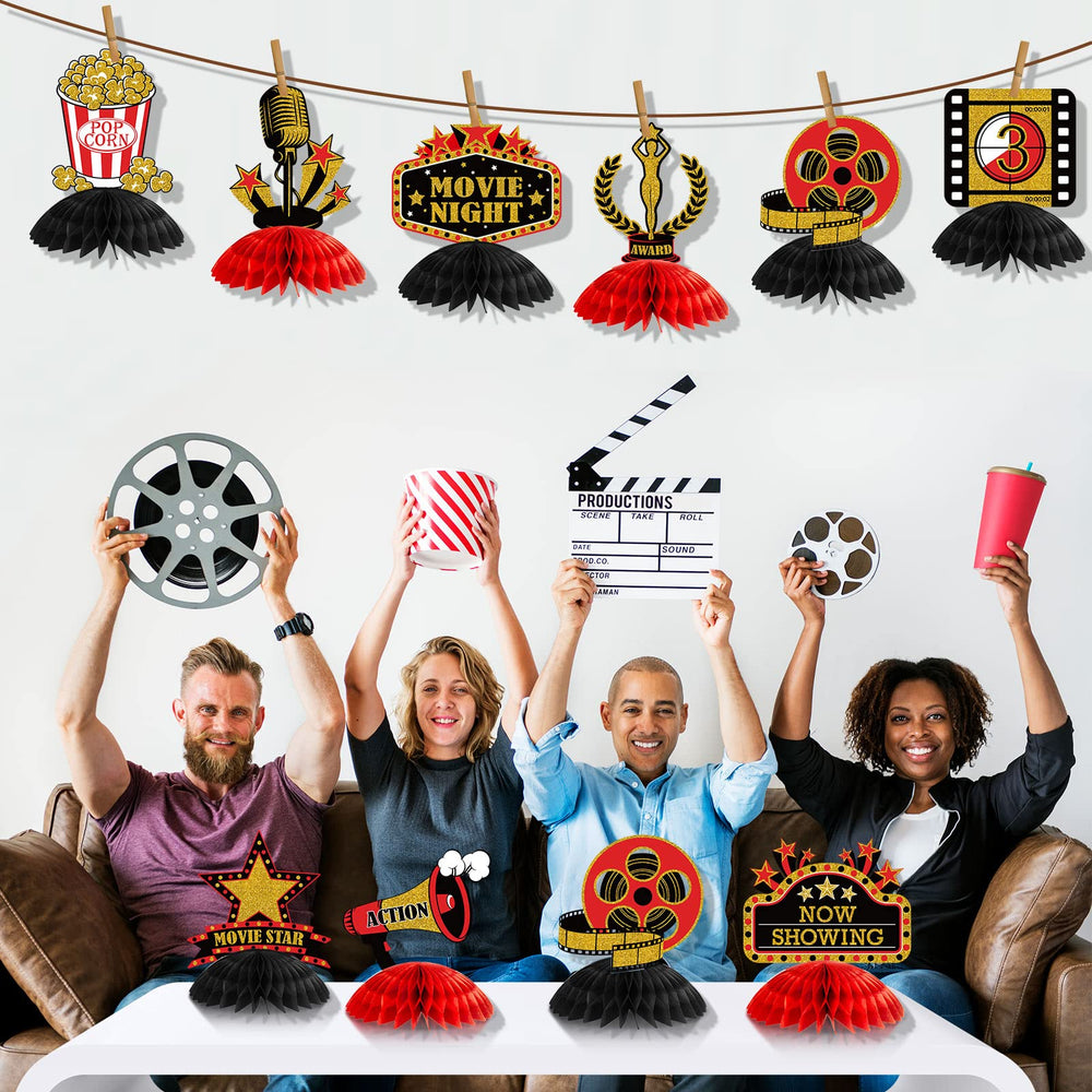 Pajean honeycomb centerpiece featuring tickets complements themed birthday decor.