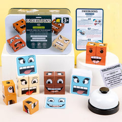 Pajojoqa Face Blocks wooden cubes close-up; tactile blocks spark imaginative play.