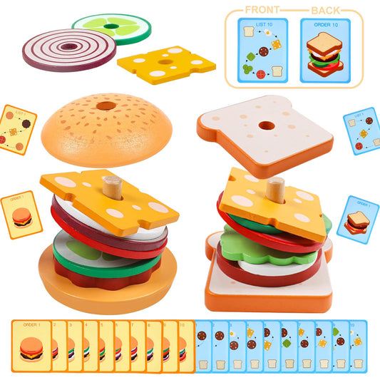 Pajojoqa Montessori wooden burger stack promotes fine motor skills for tiny hands.