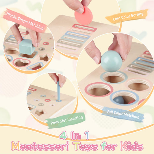 Pajojoqa shape sorter with blocks and coins enhances hand-eye coordination during sorting.