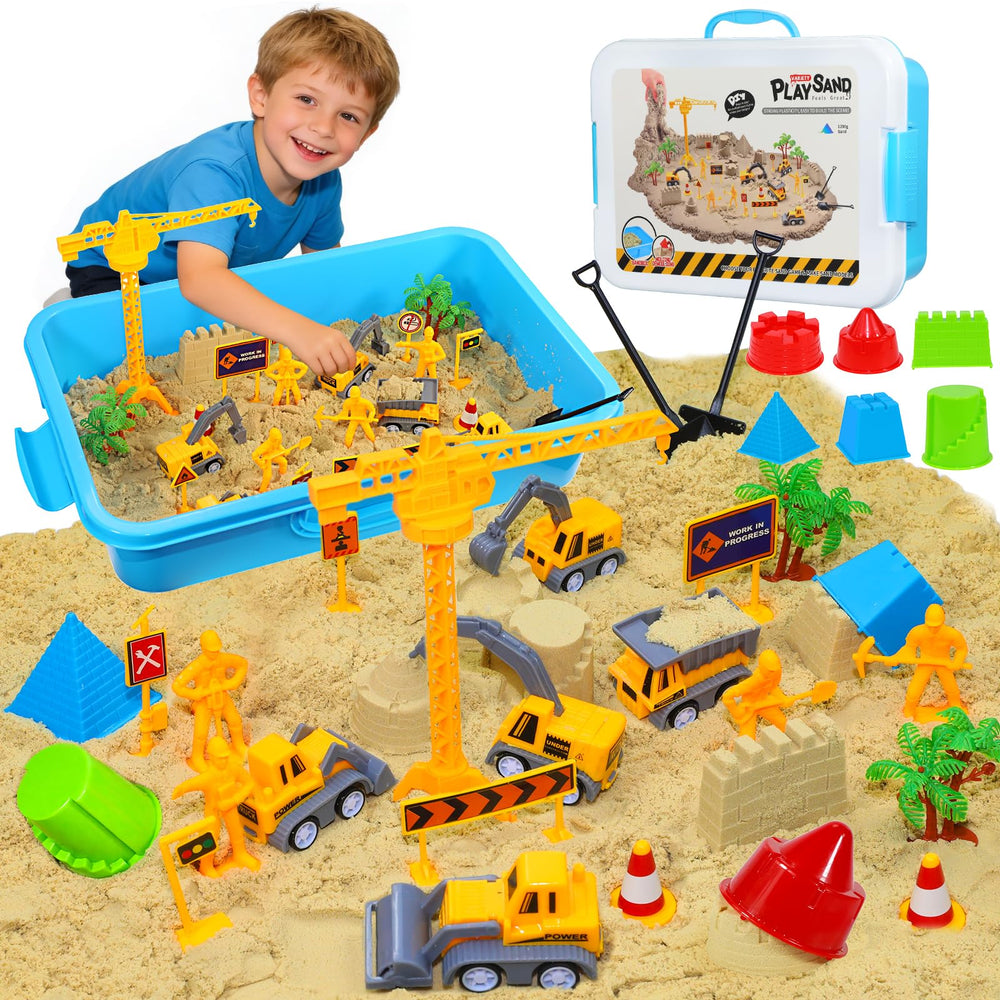 Pakimio construction sensory bin with lid keeps play neat and portable.