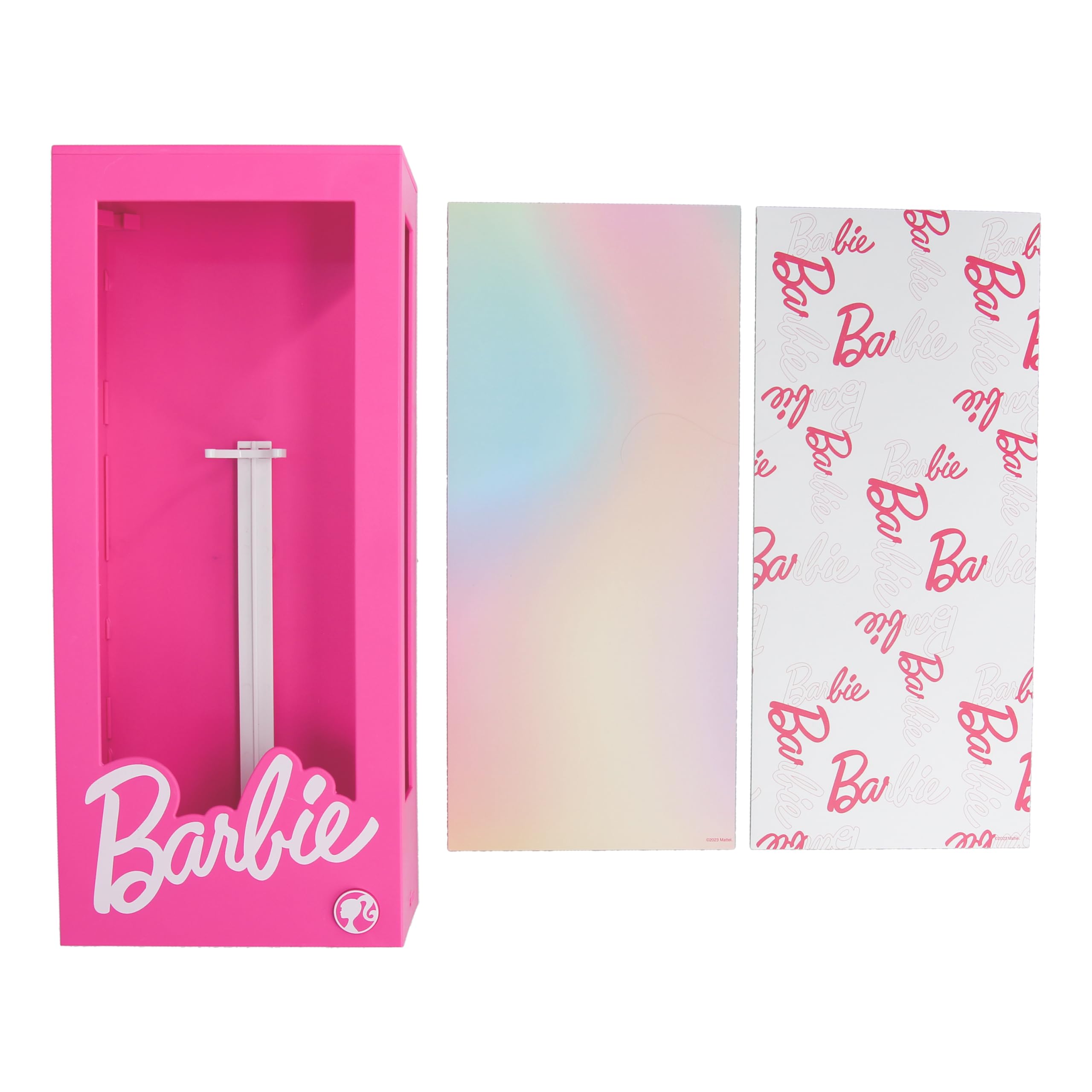 Paladone Barbie display case light front view showcases outfits with crystal clarity.