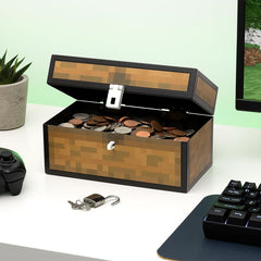 Paladone Minecraft Chest Money Bank close-up of padlock and chest texture for authenticity.
