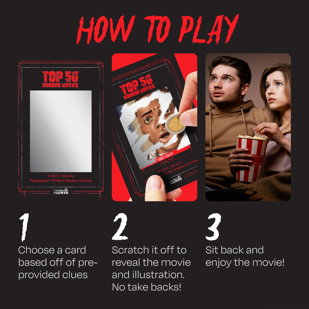 Palettes and Prints horror scratch-off card with hand-drawn illustration, perfect for movie nights.