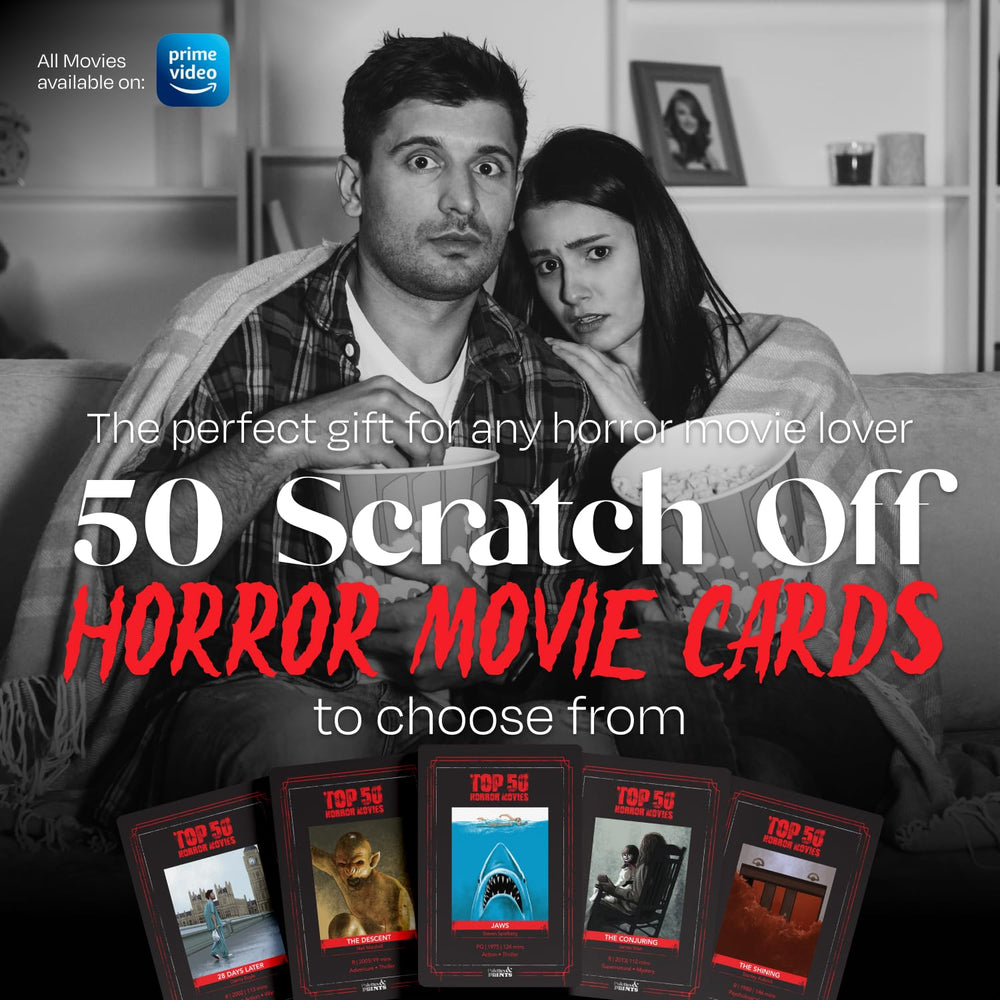 Scratch-off cards reveal iconic horror scenes, enhancing your marathon experience with visuals.