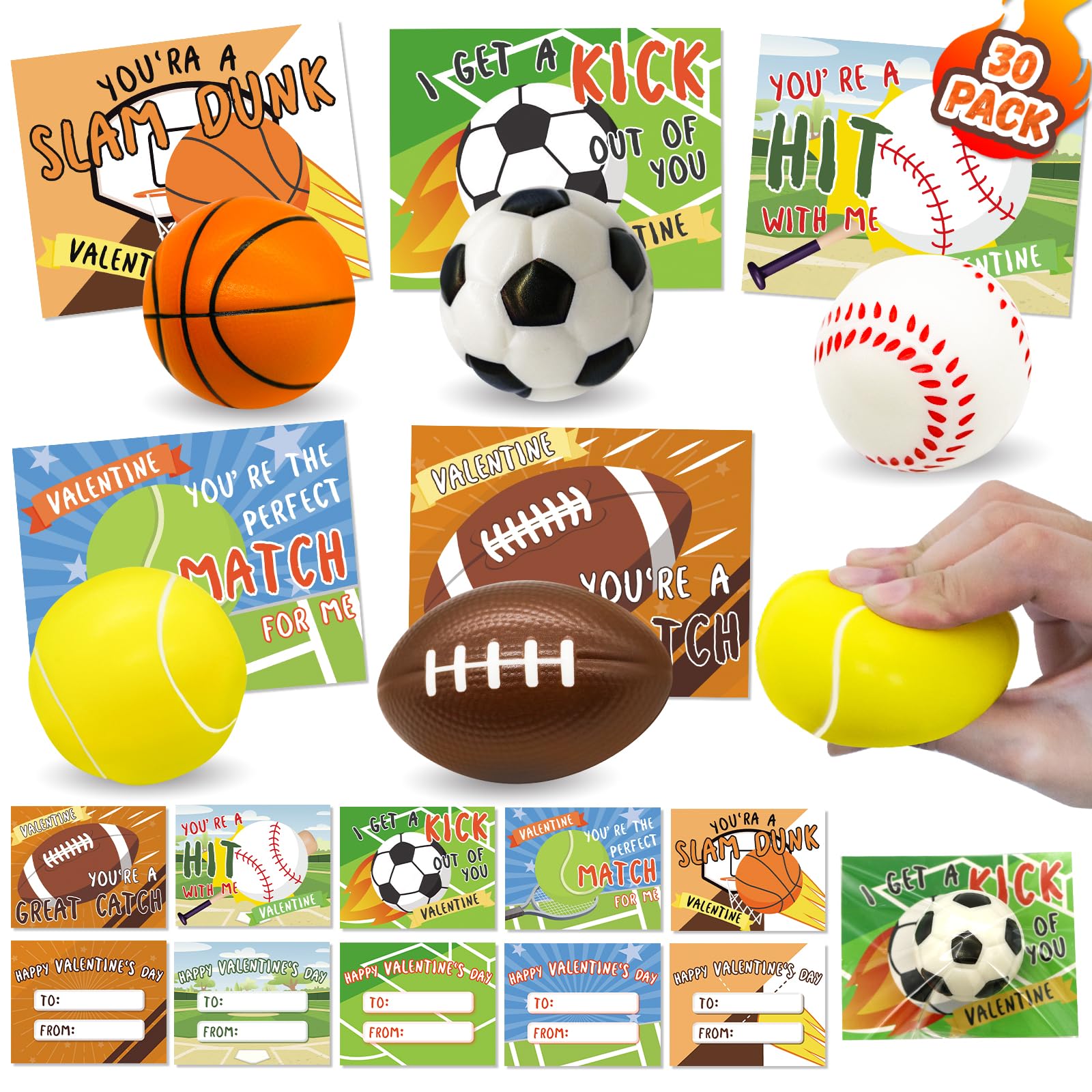 PaLeyFer 30-pack stress balls set with five ball types for classroom exchanges.