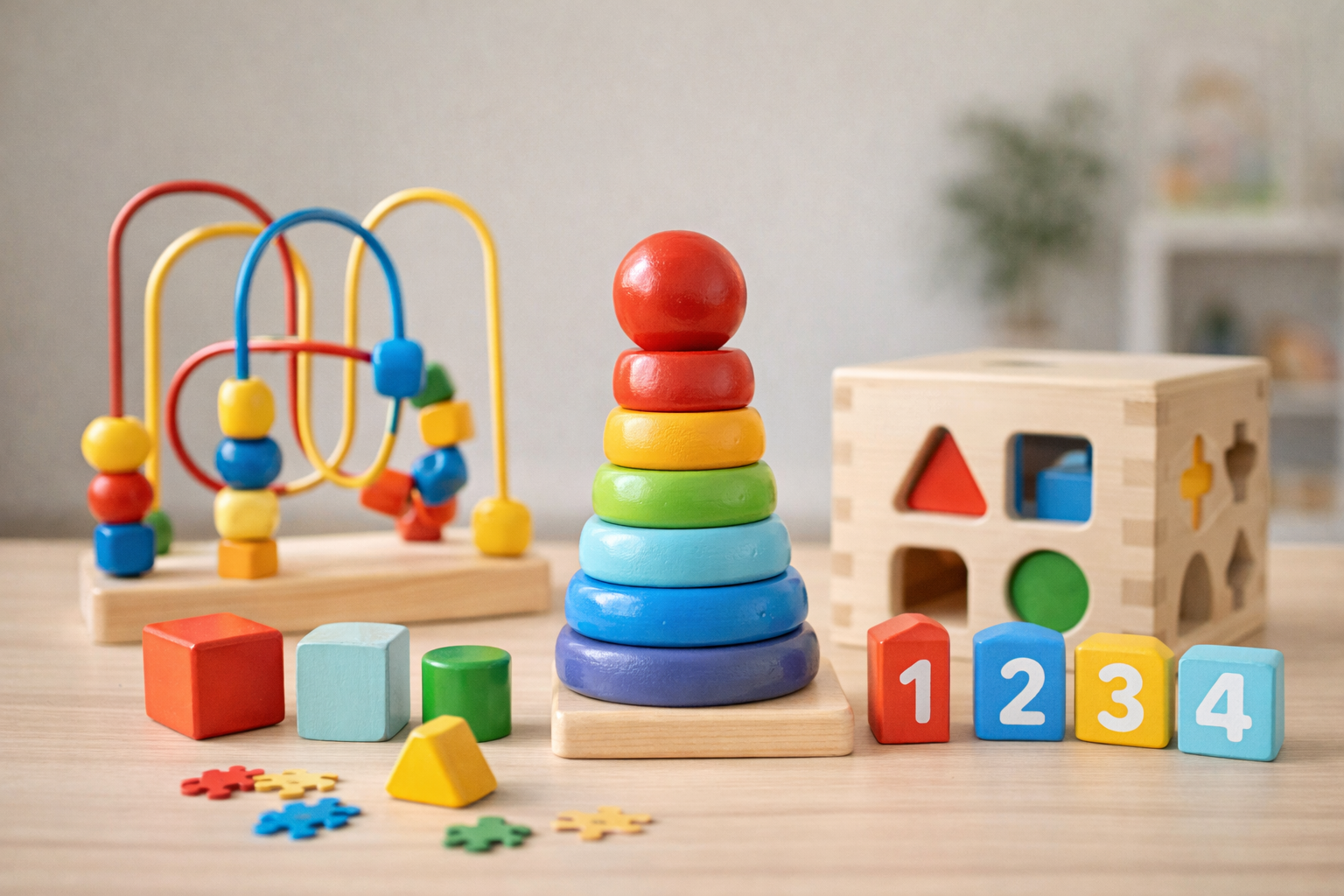 Assorted wooden toys including a ring stacker, shape sorter, and number blocks on a wooden surface.