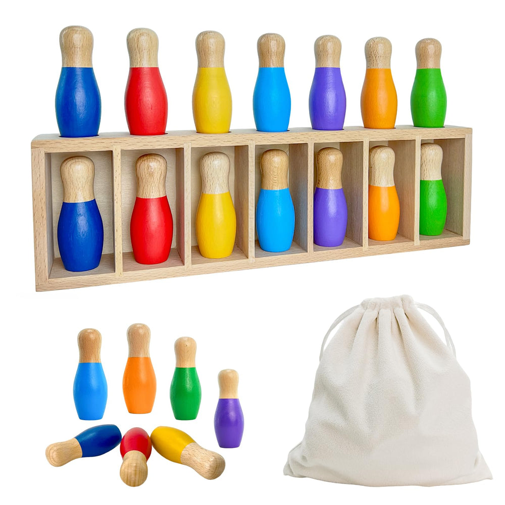 Pamexin wooden bowling pins in 7 colors for family color matching game