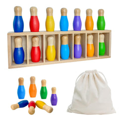Pamexin wooden bowling pins in 7 colors for family color matching game