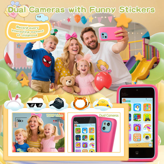 PAMOX dual-camera kids phone image highlighting camera features for creative play and learning