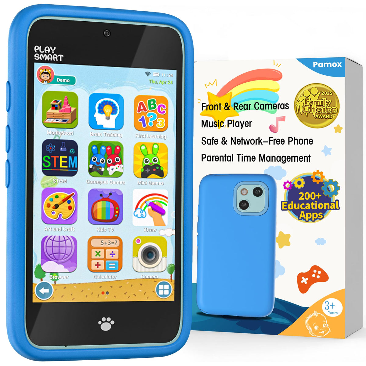 Pamox Kids Toy Phones front view in blue, kid friendly learning device