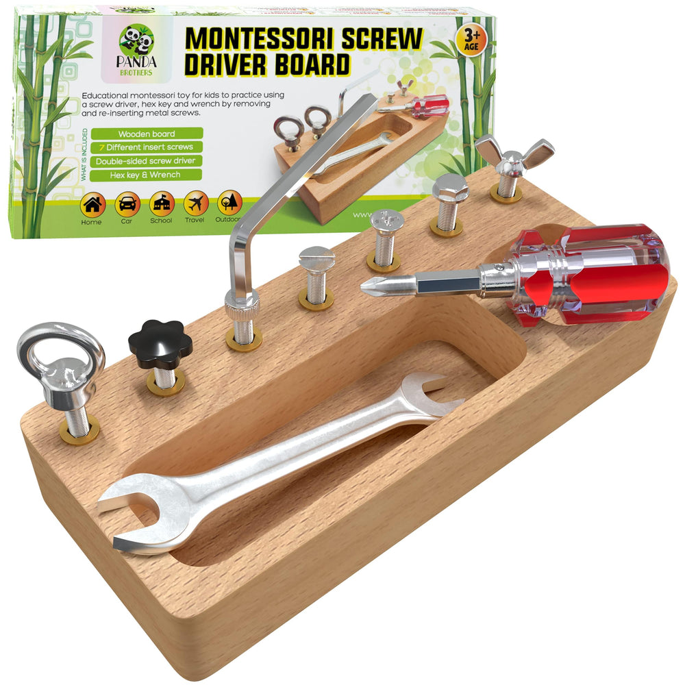Panda Brothers screwdriver board front view showing kid-friendly design for fine motor practice