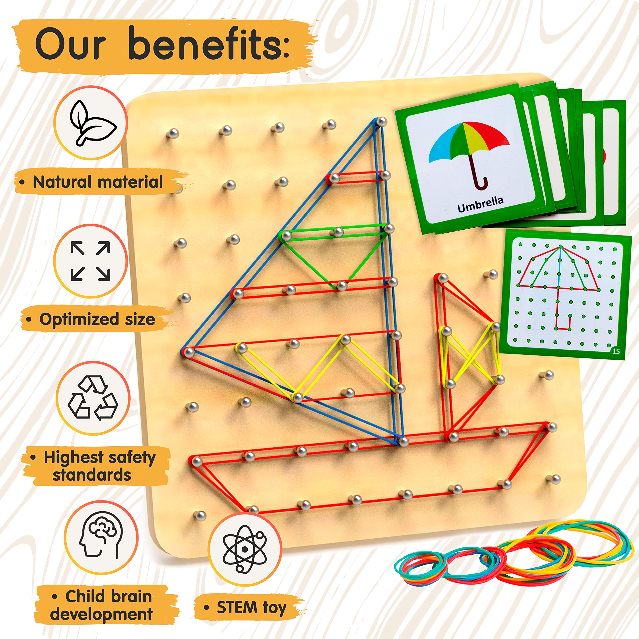 Panda Brothers geoboard includes 30 pattern cards to spark creativity and shape practice.