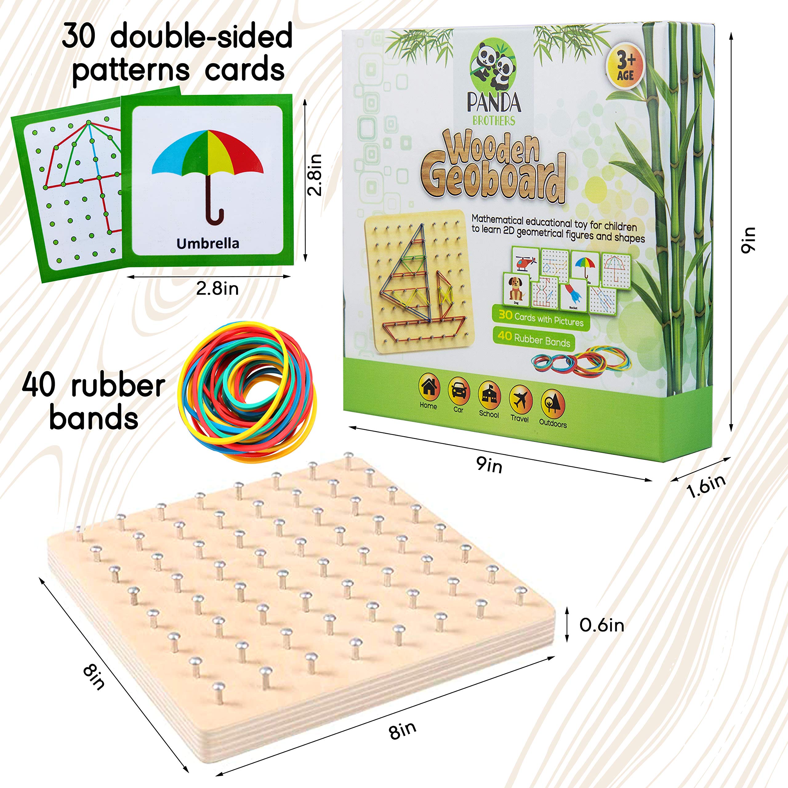 Panda Brothers geoboard comes with 40 rubber bands for building patterns safely.