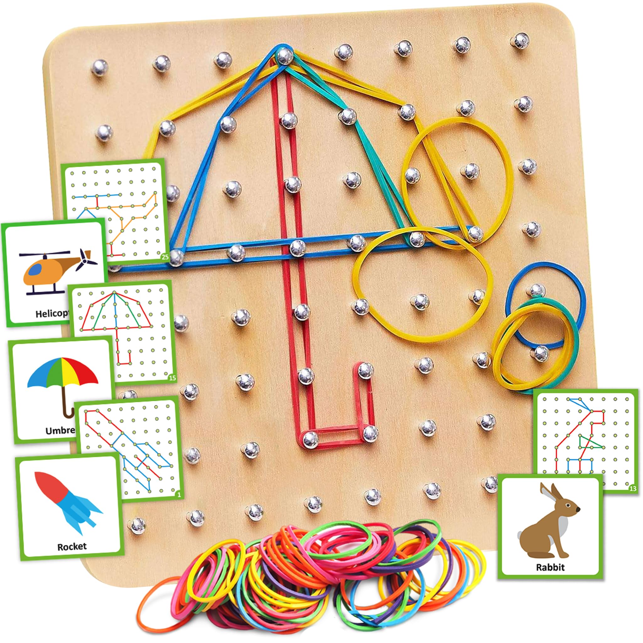 Panda Brothers wooden geoboard with 64 nails for hands-on geometry exploration.