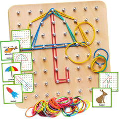 Panda Brothers wooden geoboard with 64 nails for hands-on geometry exploration.