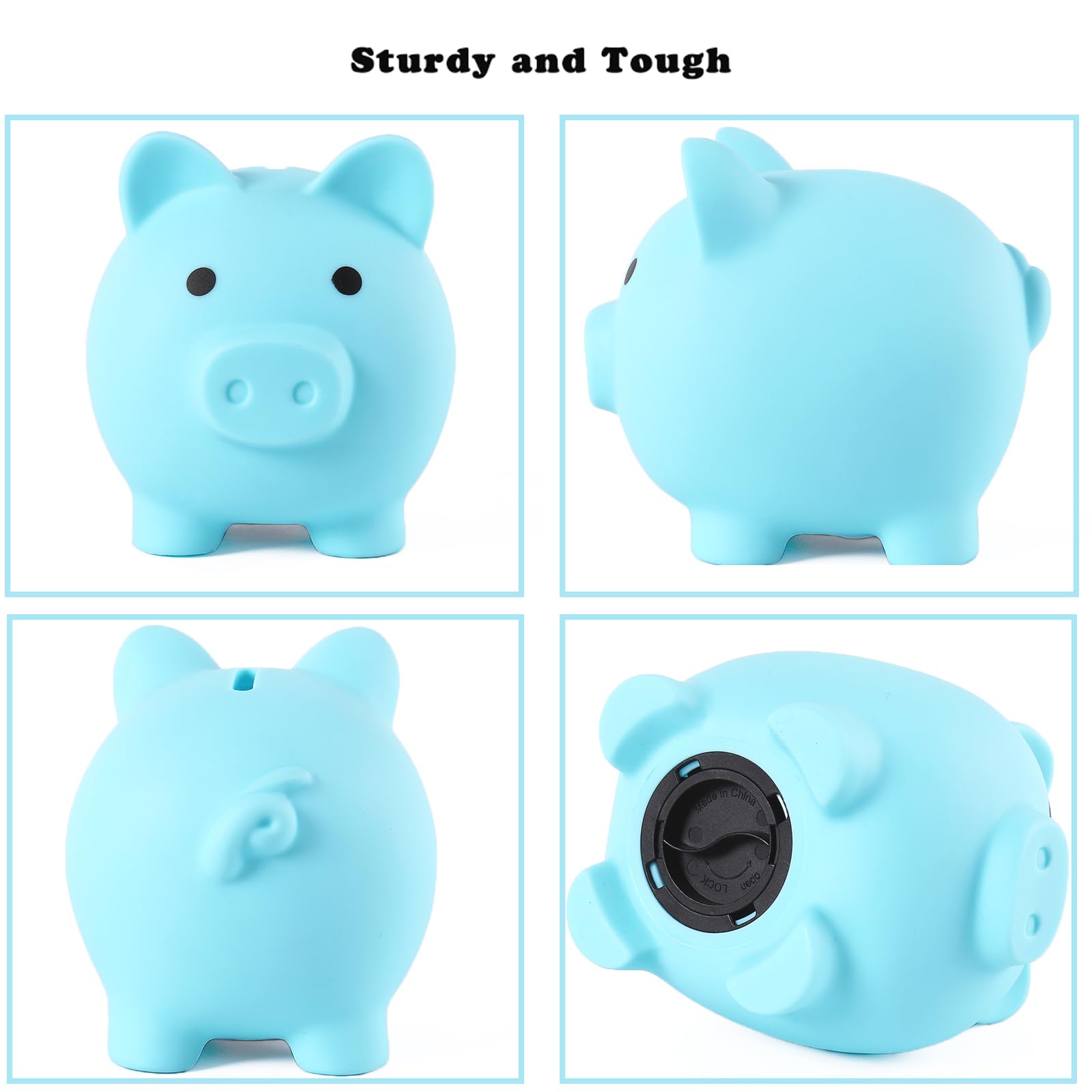 PandaEar piggy bank blue durable plastic communicates safety and longevity.