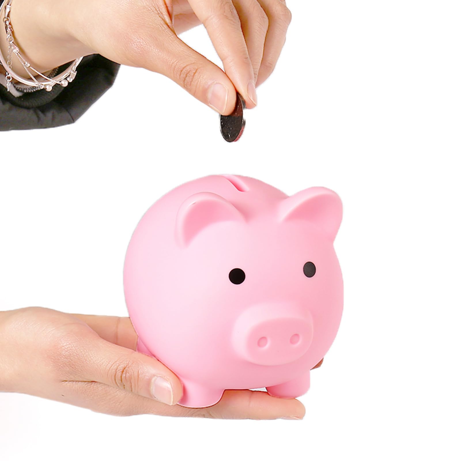 PandaEar Piggy Bank pink side view highlights safe, non-toxic plastic for little hands.