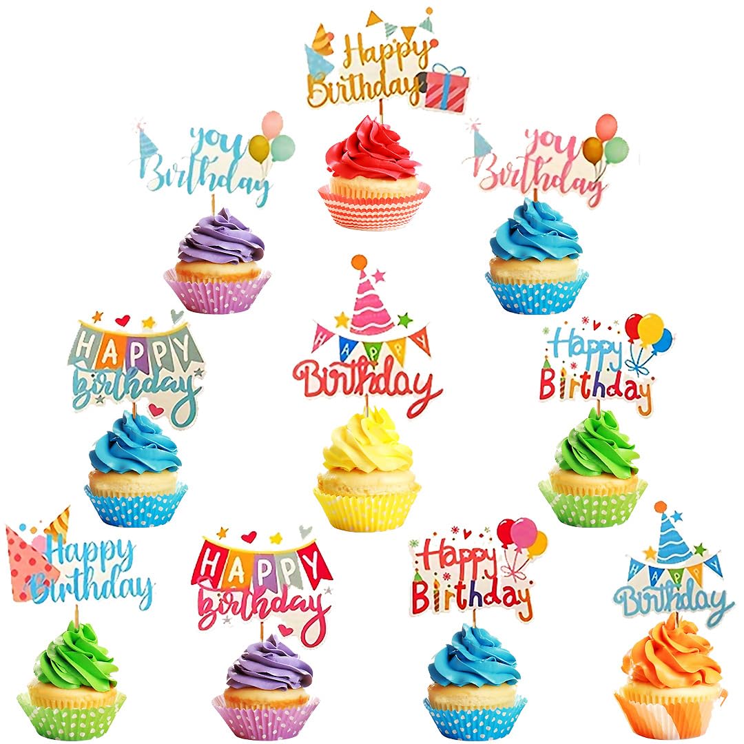 Pangogogo colorful balloon hat toppers brighten cupcakes for birthdays.