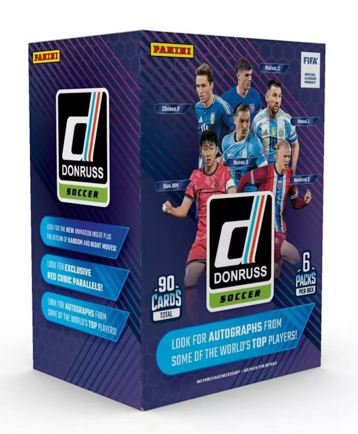 Panini Donruss Soccer 2024-25 box front shows six pack blaster setup with exclusives.
