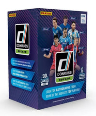 Panini Donruss Soccer 2024-25 box front shows six pack blaster setup with exclusives.