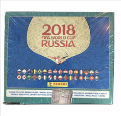 Panini Russia 2018 World Cup sticker box front view shows durable, collectible packaging.