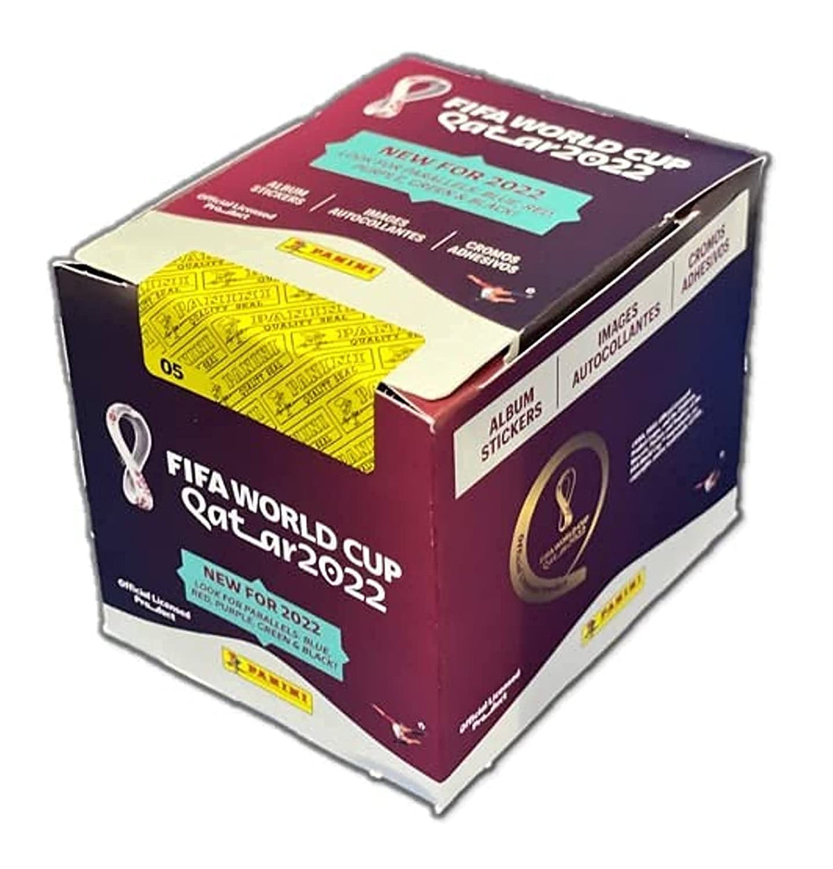 Panini World Cup Qatar 2022 sticker box cover, official design for collectors.