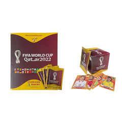 Panini World Cup Qatar 2022 sticker pack closeup, showing five stickers per pack.