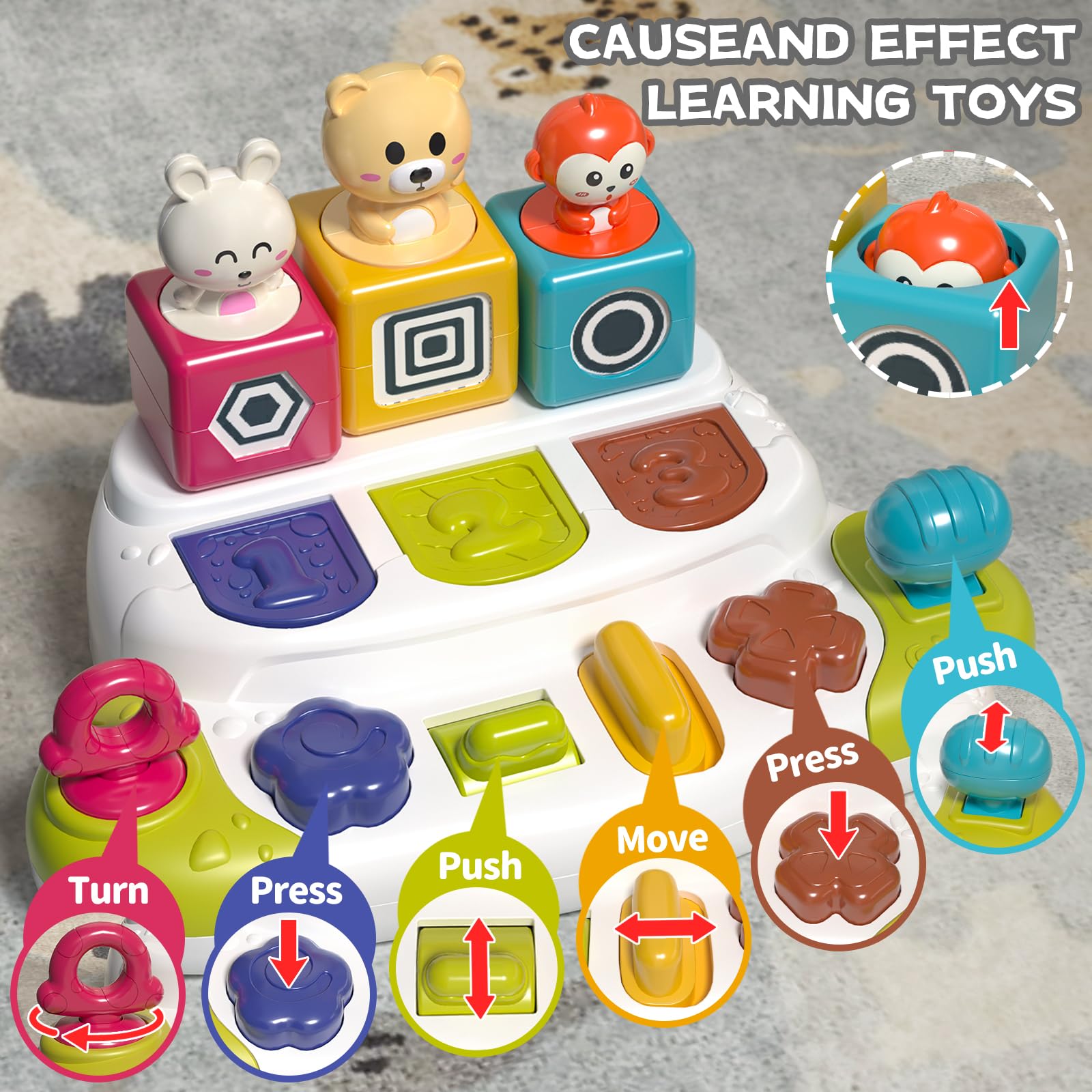 PANITU Baby Pop Up Animal Toy uses bright colors to encourage exploration.