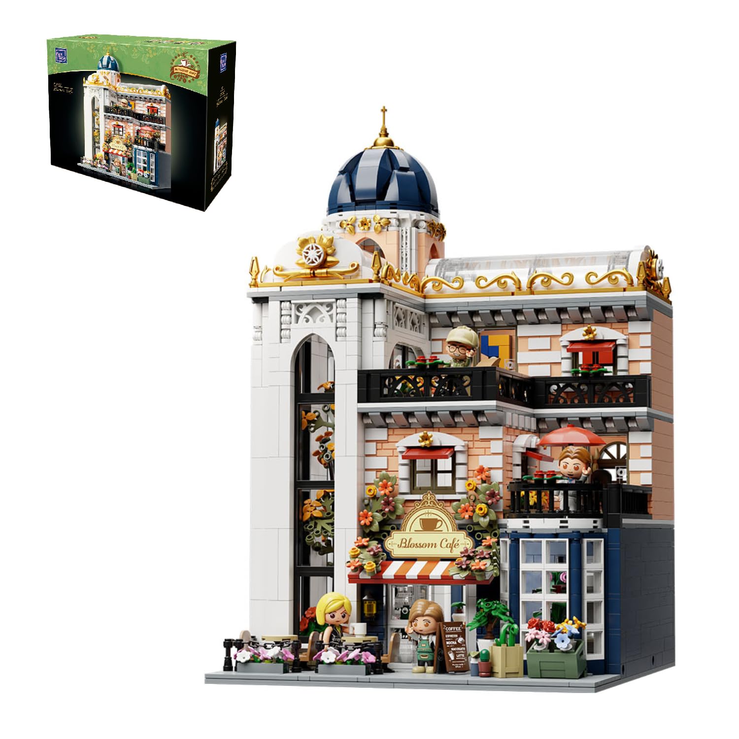 Pantasy Blossom Café exterior shows a 3-story glasshouse with elegant European design for display