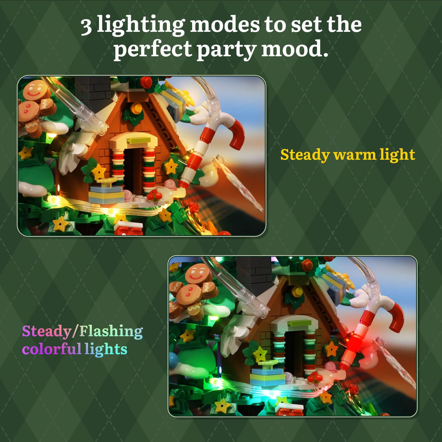 Pantasy Christmas Tree building blocks LED lights with three modes for ambiance.