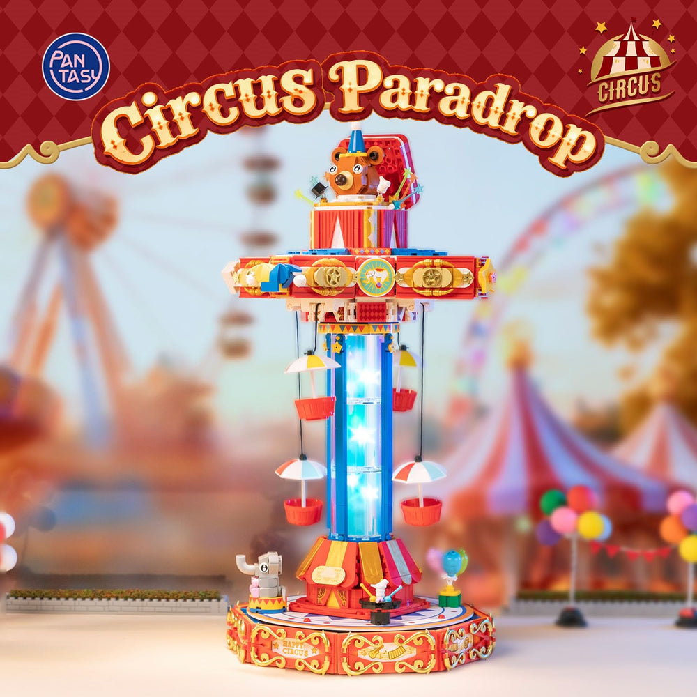 Pantasy Circus Paradrop LED columns illuminate the display with color-changing ambience