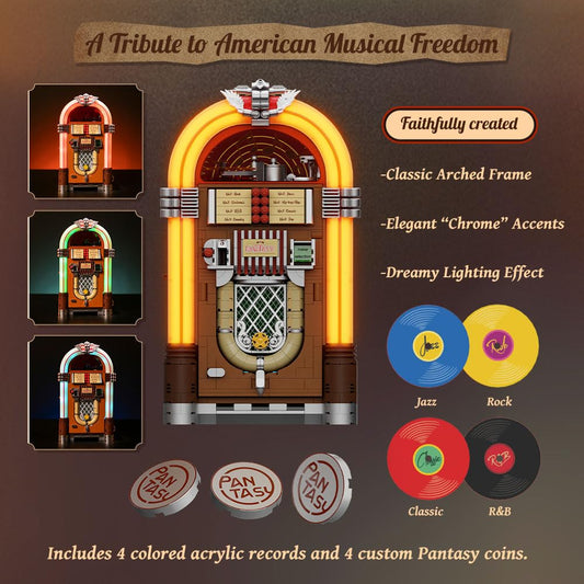 PANTASY Retro Jukebox Building Kit interior view highlights hidden studio and retro amplifier.
