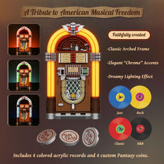 PANTASY Retro Jukebox Building Kit interior view highlights hidden studio and retro amplifier.