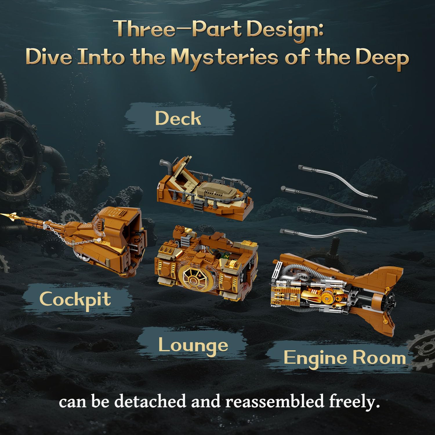 Pantasy Steampunk Nautilus Submarine engine compartment showing exposed gears
