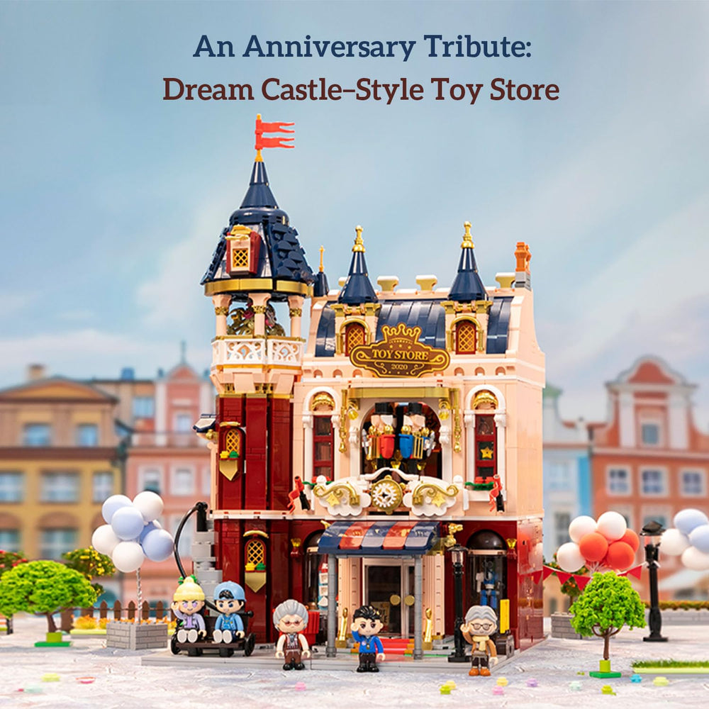 PANTASY Toy Shop Building Set: miniature displays showcase past sets with collectible charm.