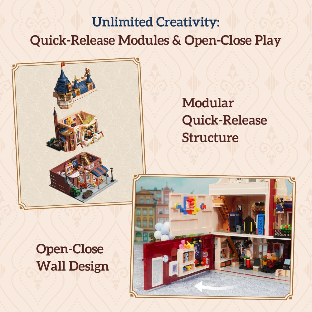 PANTASY Toy Shop Building Set: secret portrait flip-wall reveals playful surprises.
