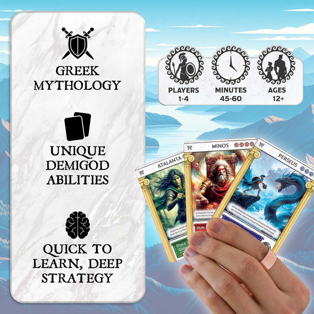 Pantheum Demigods of Olympia components highlight premium cards and tiles for durable gameplay.