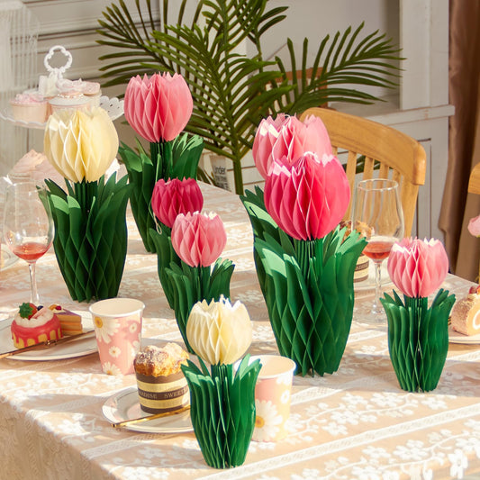 PAPER JAZZ tulip centerpiece in pink and white adds bright spring charm to dining tables