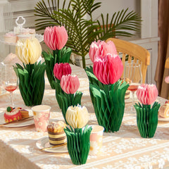 PAPER JAZZ tulip centerpiece in pink and white adds bright spring charm to dining tables