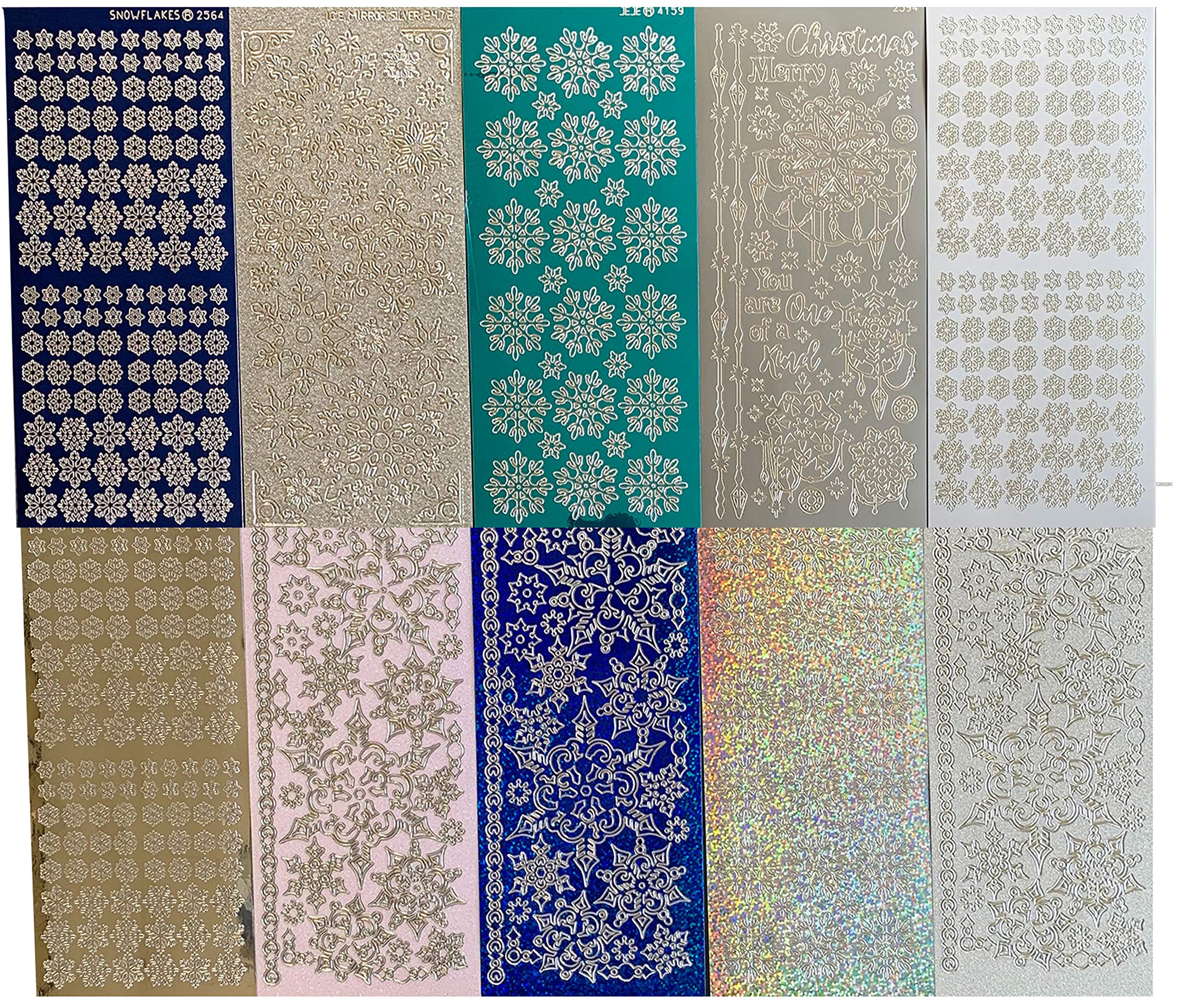 Paper Wishes Dazzles snowflakes sheet closeup showing silver, blue, teal and white colors