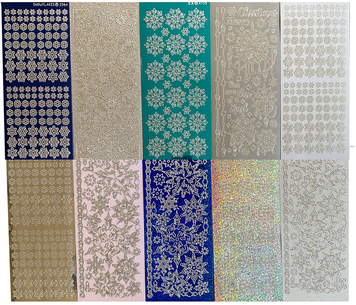 Paper Wishes Dazzles snowflakes sheet closeup showing silver, blue, teal and white colors