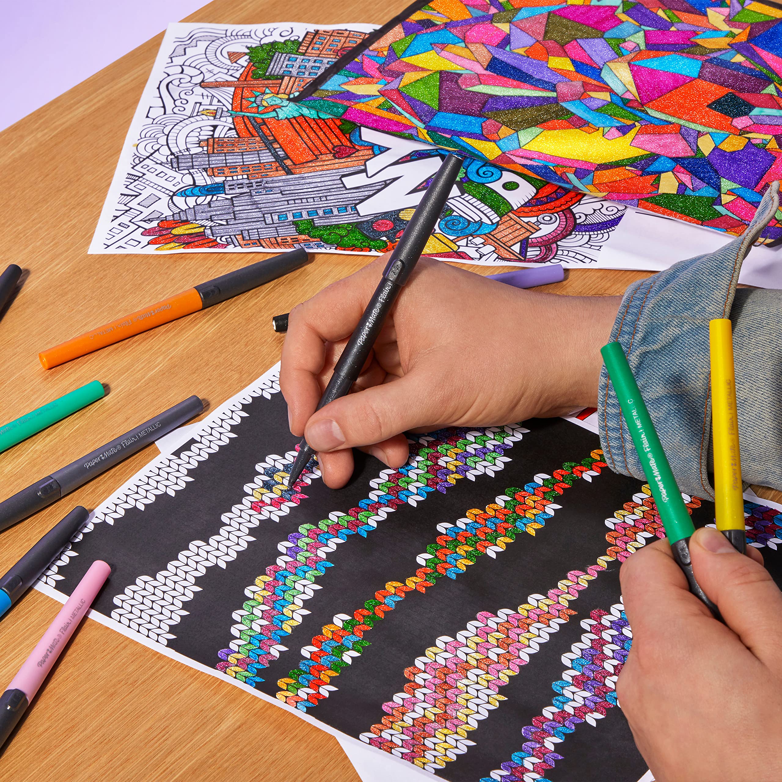 Non-bleeding ink on white paper demonstrated by Paper Mate Flair City Lights.