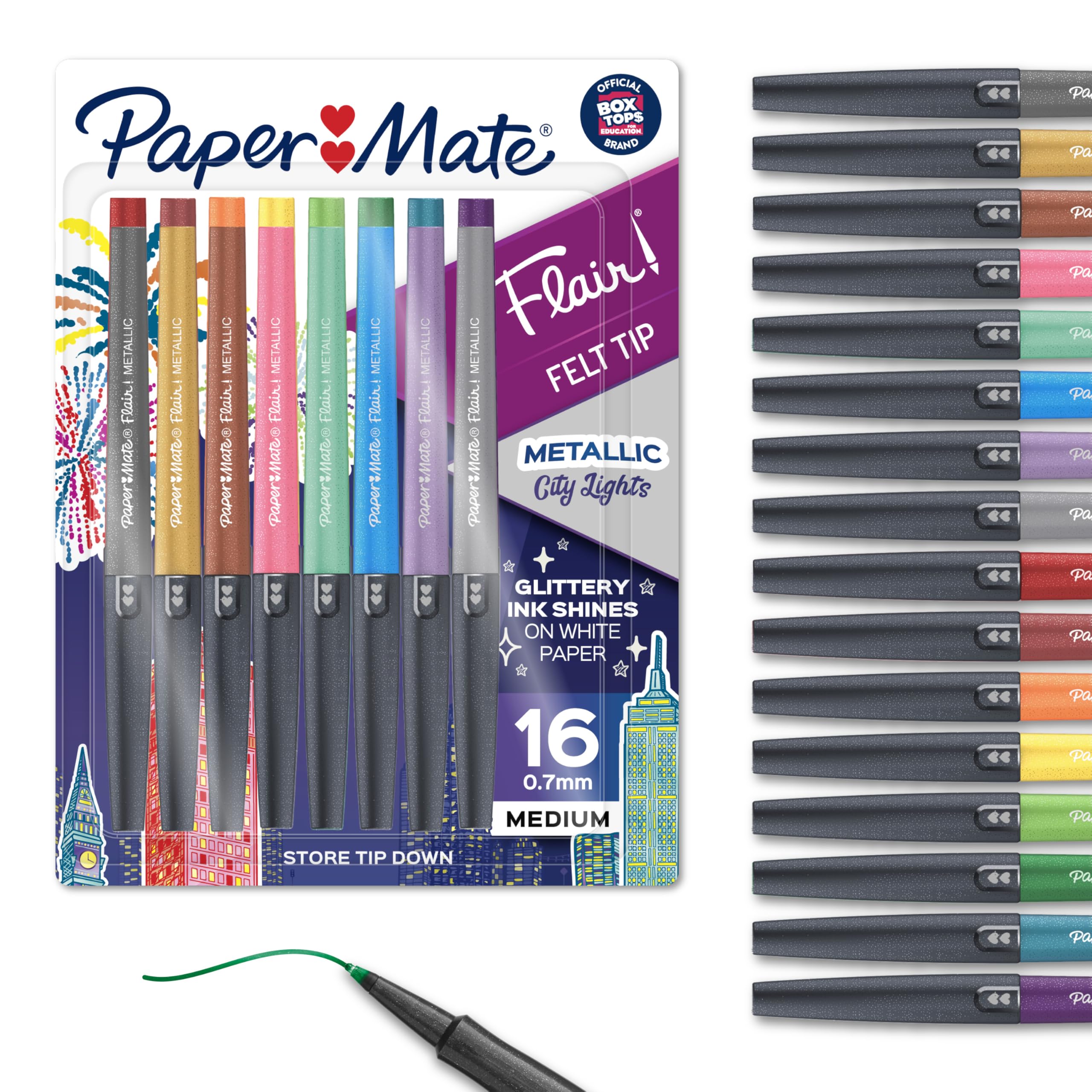 Paper Mate Flair City Lights cap showing metallic sheen for bold writing.