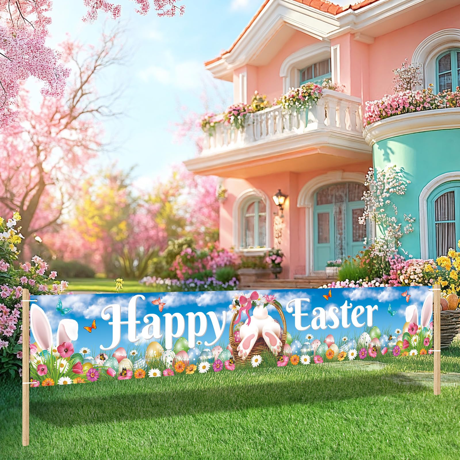 Papmiunm yard banner hang setup, easy to install on fences or trees.