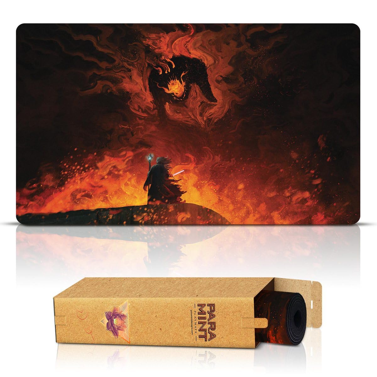 Paramint Shadow and The Flame stitched playmat hero art for immersive MTG battles.