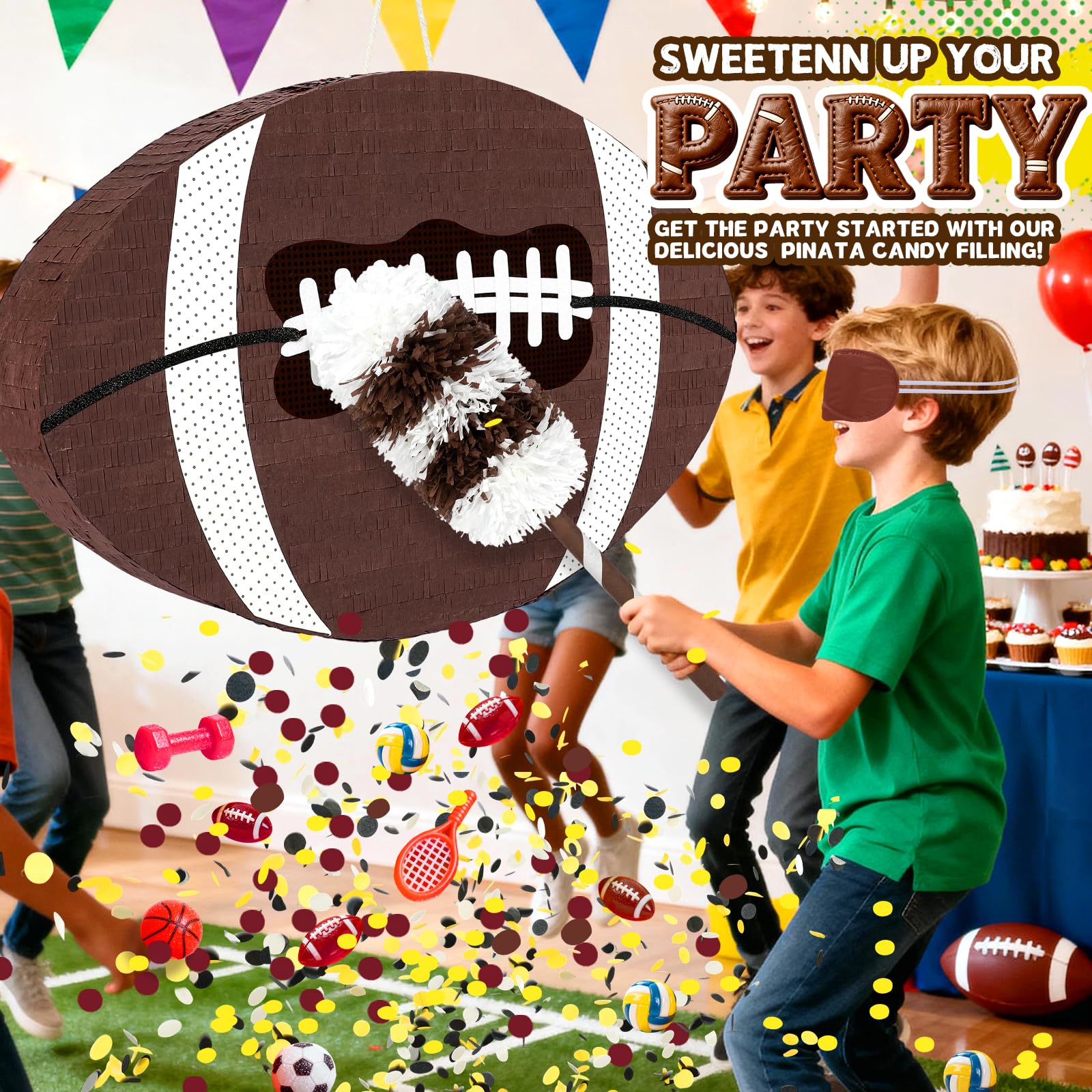 Pardecor football pinata used as reusable party decor and game prop.