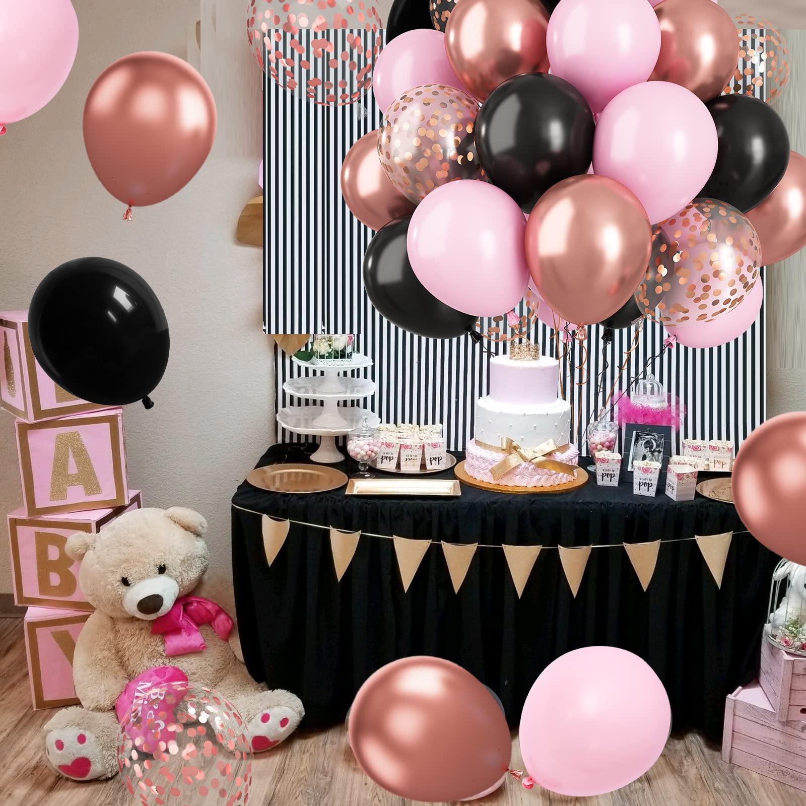 Paready party decor ideas featuring black pink rose gold color scheme