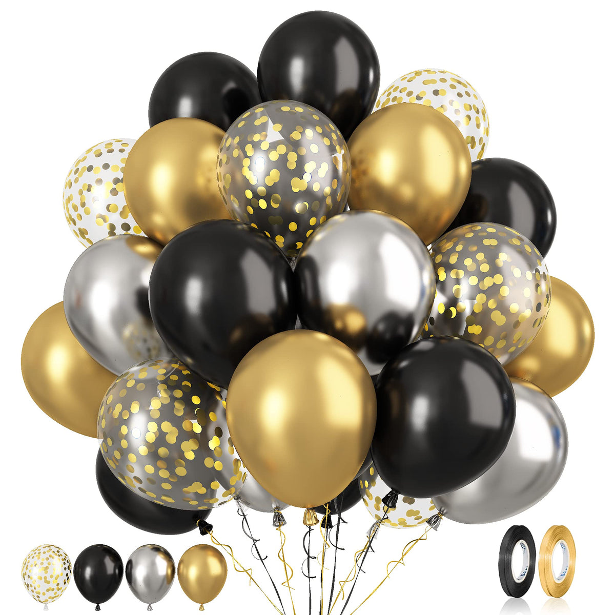 Paready black and gold confetti balloons close-up for a striking centerpiece